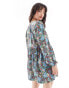 Pieces v-neck smock mini dress in blue ditsy floral Blau mit Blumendruck, M - EU 38 - фото #3