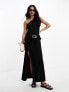 ASOS DESIGN textured one shoulder midi dress with sarong skirt and trim detail in black
