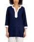 100% Linen Petite Colorblocked Eyelet 3/4 Sleeve Tunic Top, Created for Macy's