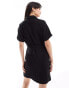 Фото #4 товара Pieces tie waist linen mini shirt dress in black