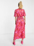 Twisted Wunder flutter sleeve maxi dress in pink and red star print