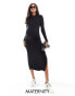 Mamalicious Maternity soft high neck ribbed long sleeved midi dress in black Черный, L - фото #1