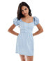 ASOS DESIGN puff sleeve denim mini dress with cross back detail in light blue Синий, 40 - фото #1