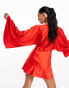 Фото #6 товара ASOS DESIGN satin batwing sleeve mini dress in red