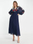 Фото #1 товара ASOS DESIGN embroidered blouson open back pleated midi dress in navy