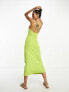 ASOS DESIGN square neck strappy ribbed midi bodycon dress with wooden beads in chartreuse