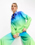 Flounce London button up oversized satin shirt in ombre blue and green co-ord