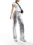 Фото #9 товара Bershka cracked faux leather straight leg trousers in gunmetal silver