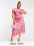 Фото #1 товара ASOS DESIGN Curve ruched side button cap sleeve satin maxi dress in pink based floral print