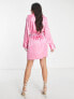 Фото #2 товара ASOS DESIGN Tall shoulder pad gathered waist mini satin shirt dress in pink
