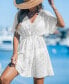 Фото #2 товара Women's White Crochet Short Sleeve Waist Tie Cover-Up Beach Dress