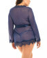 ფოტო #3 პროდუქტის Plus Size Eyelash Lace Robe with Satin Sash and G-String Lingerie Set