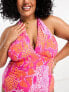 Vero Moda Curve halterneck swimsuit in pink snake print