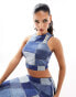 Sixth June co-ord mesh patchwork denim print crop top in blue