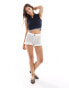 Фото #3 товара Miss Selfridge crochet polo sleeveless top in navy with white