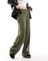 Noisy May wide leg satin trousers with asymmetric waistband in khaki