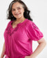 Фото #3 товара Plus Size Embroidered Split-Neck Puff-Sleeve Top, Created for Macy's