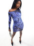 Фото #1 товара ASOS DESIGN mesh off shoulder long sleeve mini dress in blue marble print