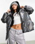 Pieces holographic padded jacket with hood in grey