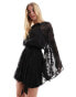 ASOS DESIGN embroidered chiffon mini dress with flared sleeves and self belt in black Черный, 38 - фото #1