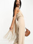 In The Style x Georgia Louise fringed scarf detail wide leg jumpsuit in stone