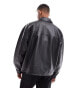 ASOS DESIGN real leather boxy oversized coach jacket in black