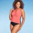 Women's High Neck Keyhole Wrap One Piece Swimsuit - Aqua Green Coral Pink M