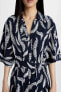 Gömlek Yaka Desenli Keten Karışımlı Yarım Kollu Midi Elbise C7094ax24sm