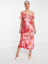 Hope & Ivy Maternity cold shoulder satin midi dress in red and pink floral