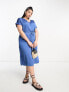 Vila Curve satin t-shirt midi dress with tie waist in blue