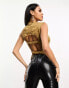 ASOS DESIGN glitter mesh tank top with open back in gold