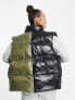 ASOS DESIGN high shine spliced gilet in black and khaki