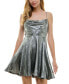 Фото #1 товара Juniors' Drape-Neck Sleeveless Fit & Flare Foil Dress