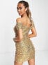 Фото #2 товара In The Style exclusive sequin off shoulder mini dress in gold