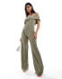 ASOS DESIGN plisse bardot wide leg jumpsuit in khaki