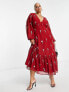 ASOS DESIGN Curve button through embroidered maxi tea dress in oxblood