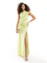 ASOS DESIGN satin high neck drape maxi dress with puddle hem in washed lime