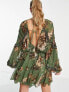 Фото #3 товара ASOS DESIGN wrap balloon sleeve mini dress with floral print in khaki green