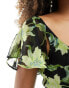 Фото #4 товара ASOS DESIGN flutter sleeve scoop neck bias maxi dress in black and green floral print