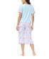 ფოტო #2 პროდუქტის Women's Solid Short Sleeve T-shirt with Printed Capri 2 Piece Pajama Set