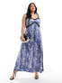 Vero Moda Curve satin maxi slip dress with lace trim in blue crinkle print