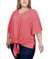 ფოტო #3 პროდუქტის Plus Size Elbow Sleeve Tie-Front Top