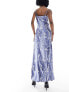 Vero Moda Tall satin maxi slip dress with lace trim in blue crinkle print