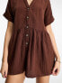 Фото #3 товара Miss Selfridge double cloth button through shirt playsuit in brown