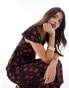 Brave Soul floral v neck midi dress with frill sleeves in red & black