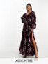 ASOS DESIGN Petite plunge pintuck maxi dress with cut out and frills in oxblood metallic floral jacquard