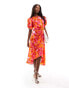 AX Paris satin puff sleeve drape detail midi dress in orange and pink floral