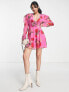 ASOS DESIGN long sleeve mini dress with neck ties and corsage in pink floral print