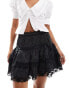 Фото #1 товара Miss Selfridge satin jacquard lace insert mini prairie skirt in black