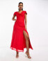 Фото #4 товара ASOS DESIGN – Midikleid aus Chiffon in Rot mit Wasserfallausschnitt, Puffärmeln und asymmetrischem Saum